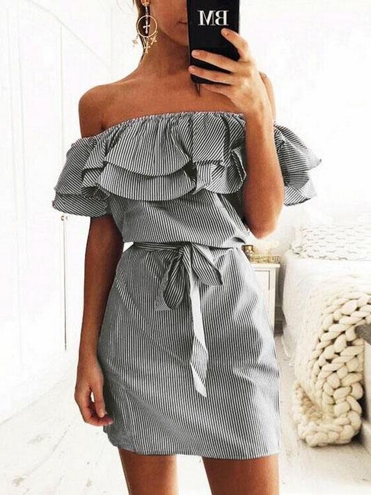 Slim fit Lace up Dress With Ruffled Stripes - View 3