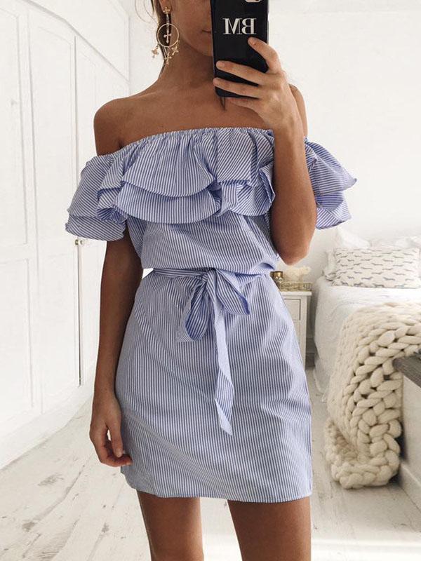 Slim fit Lace up Dress With Ruffled Stripes - View 2