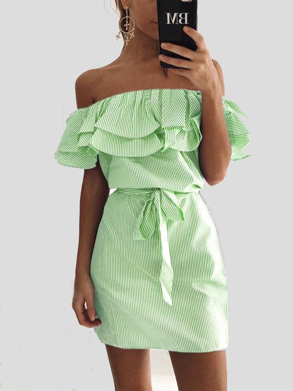 Slim fit Lace up Dress With Ruffled Stripes - View 4