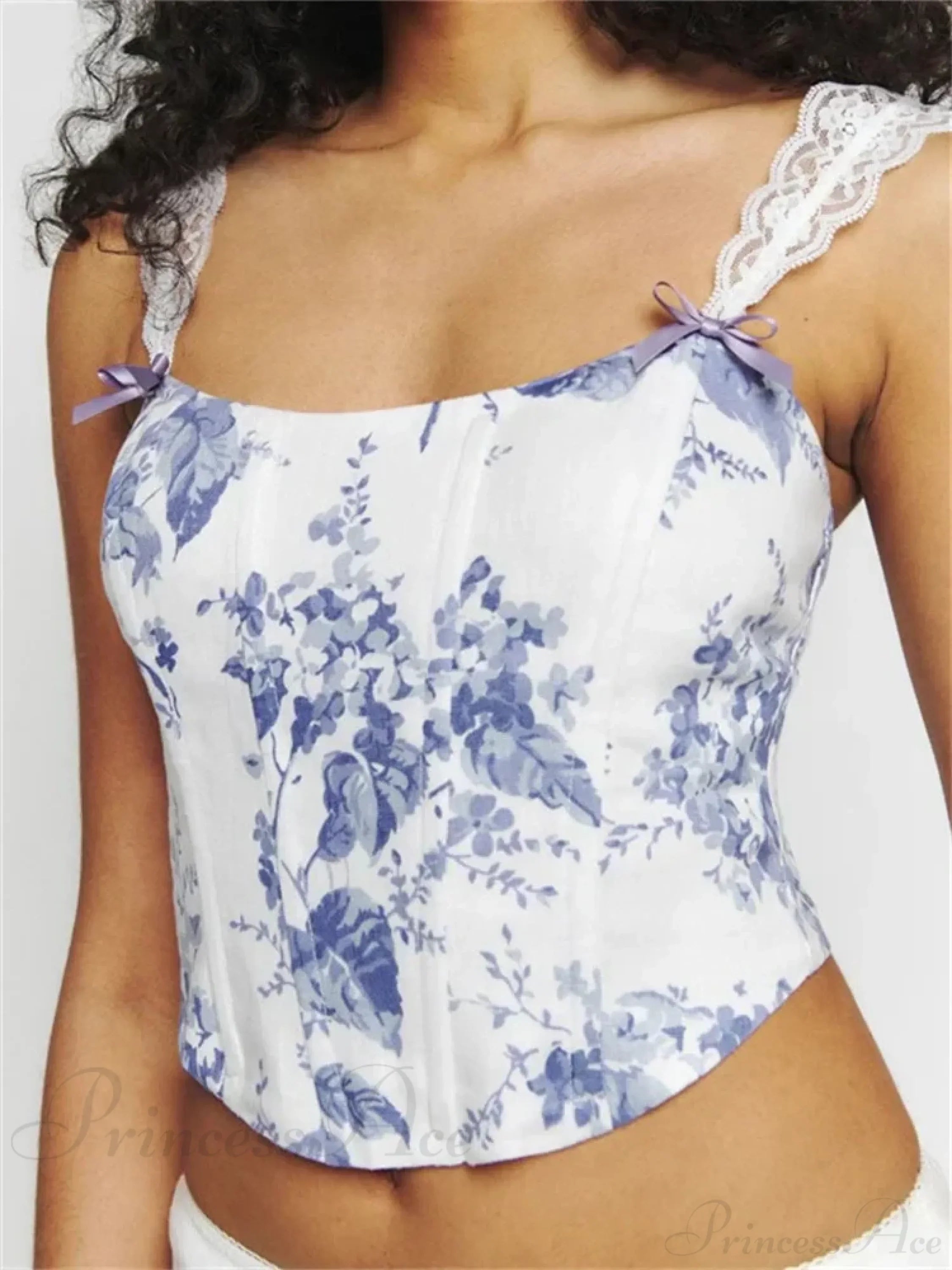 Slim Lace Strap Plaid Floral Print Crop Top