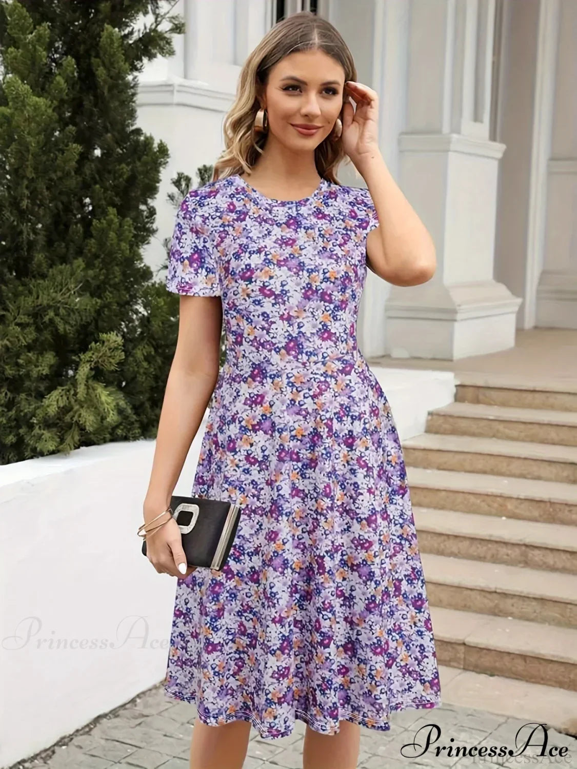 Slim Waist Floral Print Summer Round Neck Dress Lavender / S oldfloraldress-250126