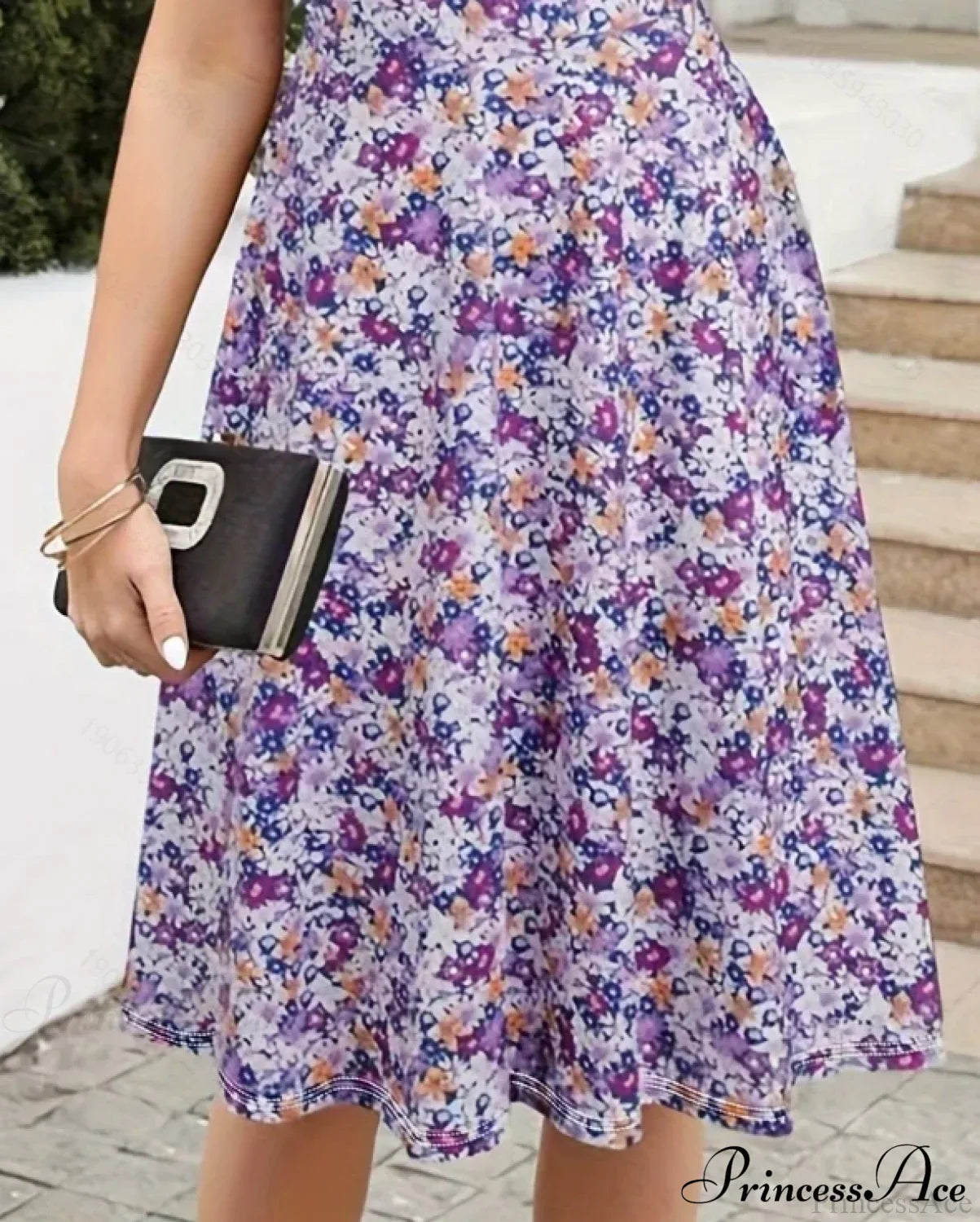 Slim Waist Floral Print Summer Round Neck Dress