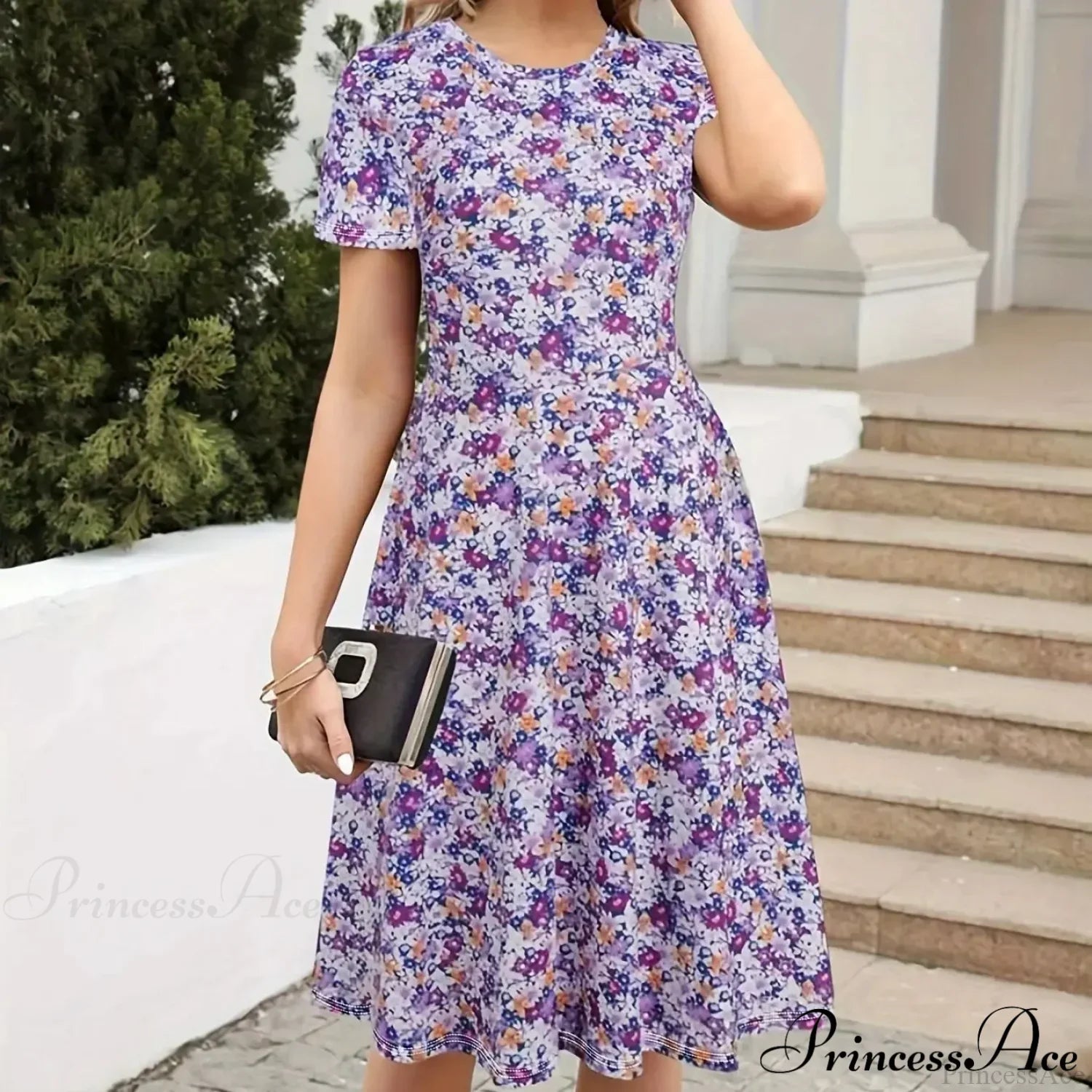 Slim Waist Floral Print Summer Round Neck Dress