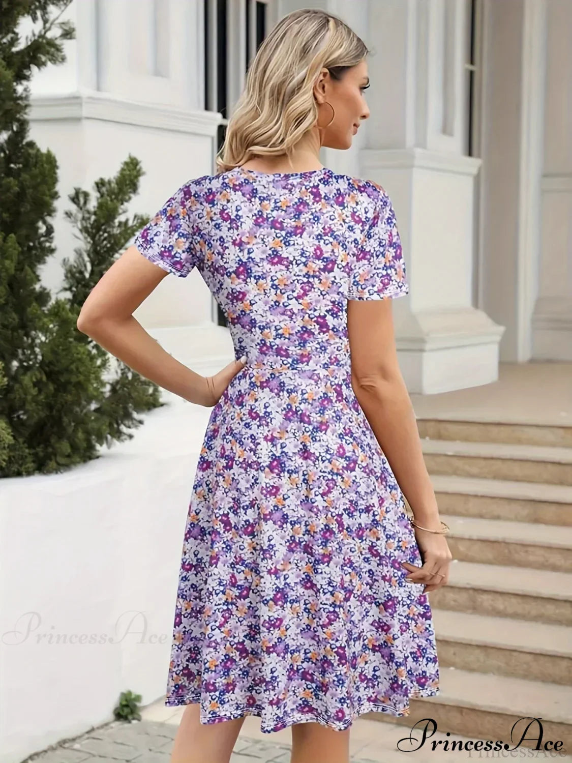 Slim Waist Floral Print Summer Round Neck Dress