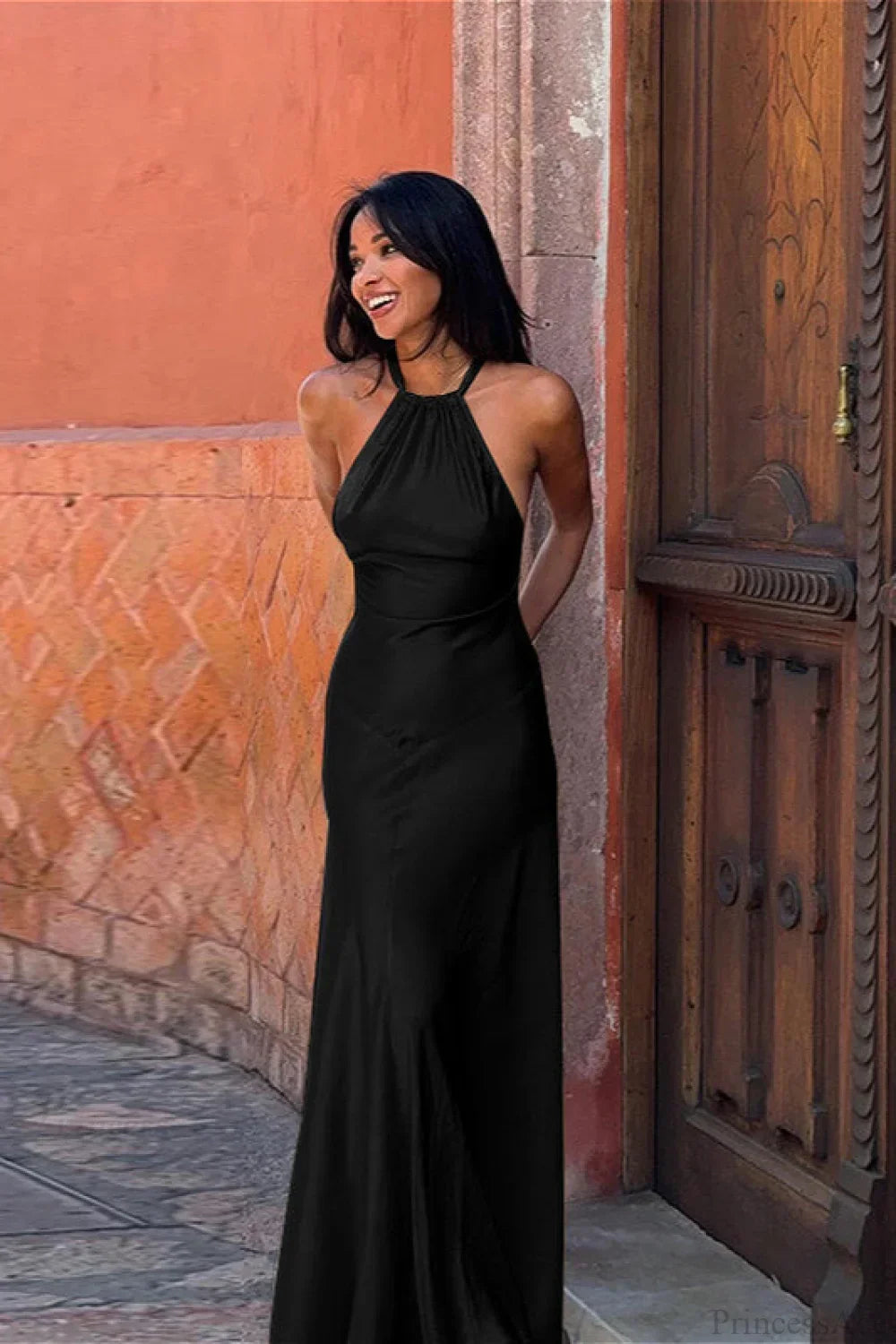 Satin Halter Neck Backless Mermaid Maxi Gown
