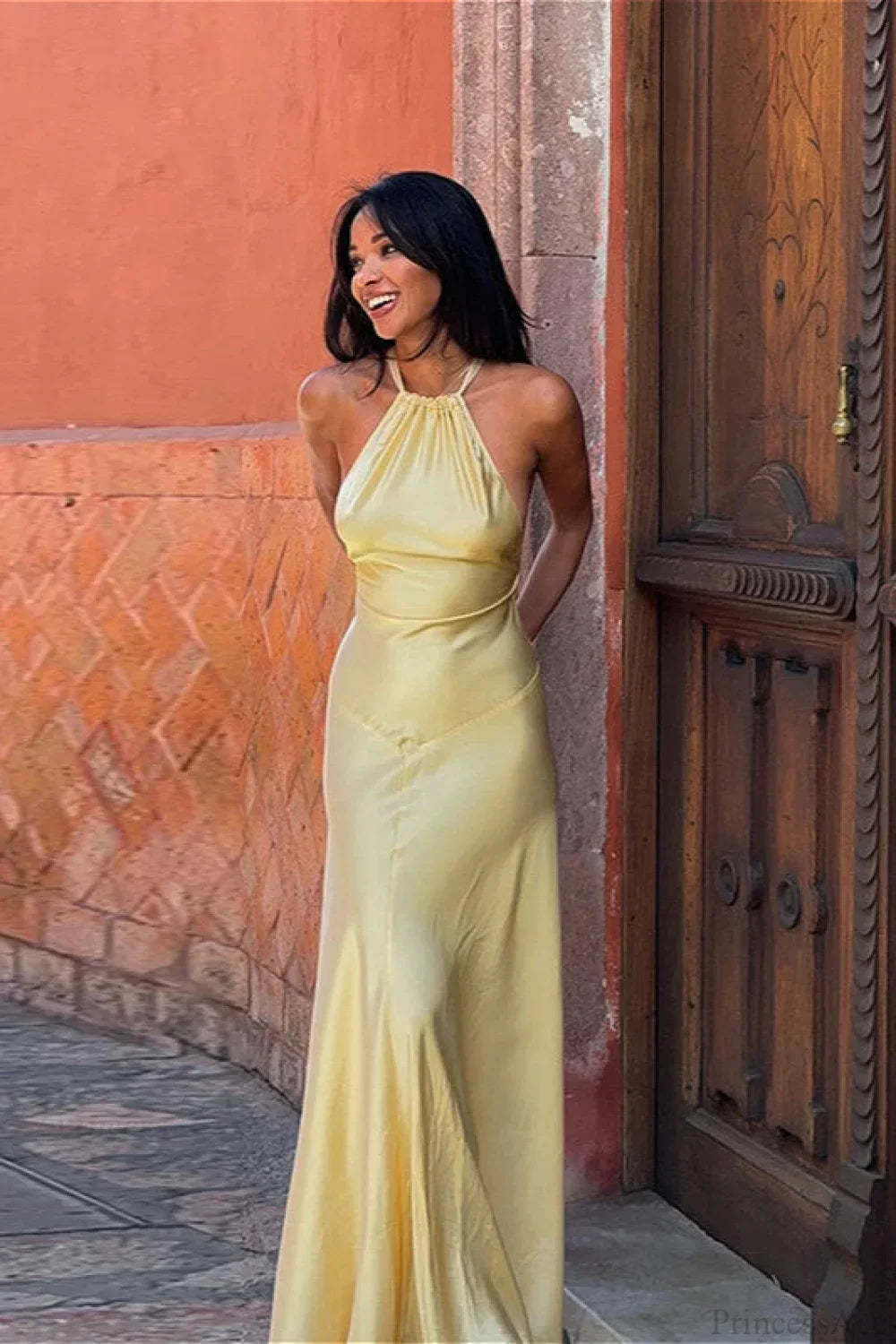 Satin Halter Neck Backless Mermaid Maxi Gown