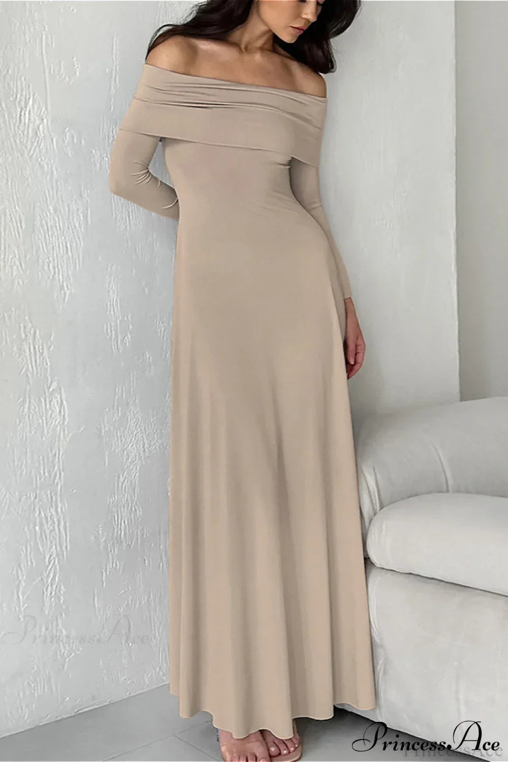 Off Shoulder Long Sleeve A-Line Maxi Dress