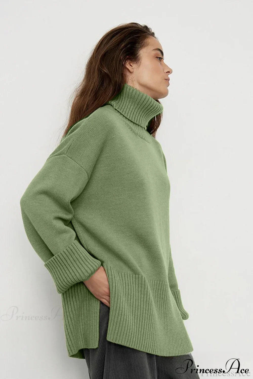 Slit Loose Knit Turtleneck Solid Sweater Green / S