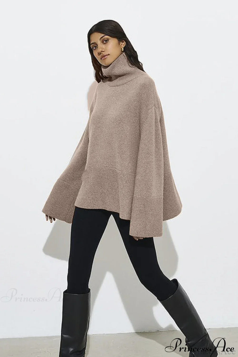 Slit Loose Knit Turtleneck Solid Sweater Khaki / S