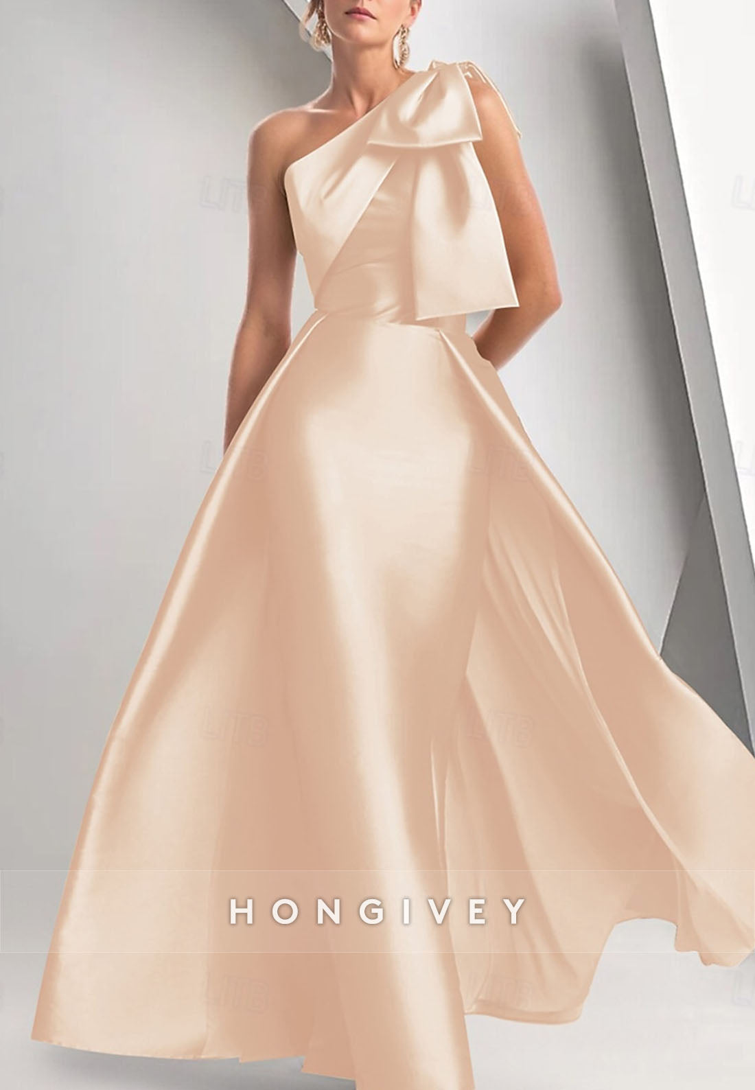 Sheath Floor-Length One Shoulder Mother of Bride Satin Sleeveless Pleated Bowknot Evening Gown