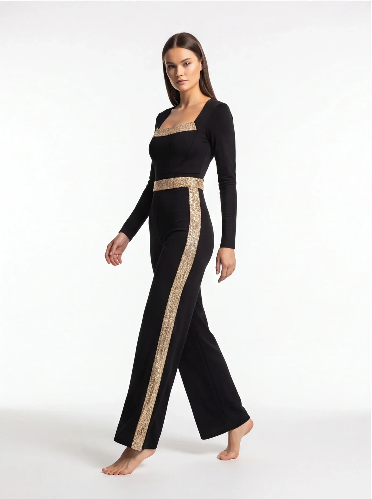 Mesh Deep V-Neck Long Sleeve High Split Midi Dress