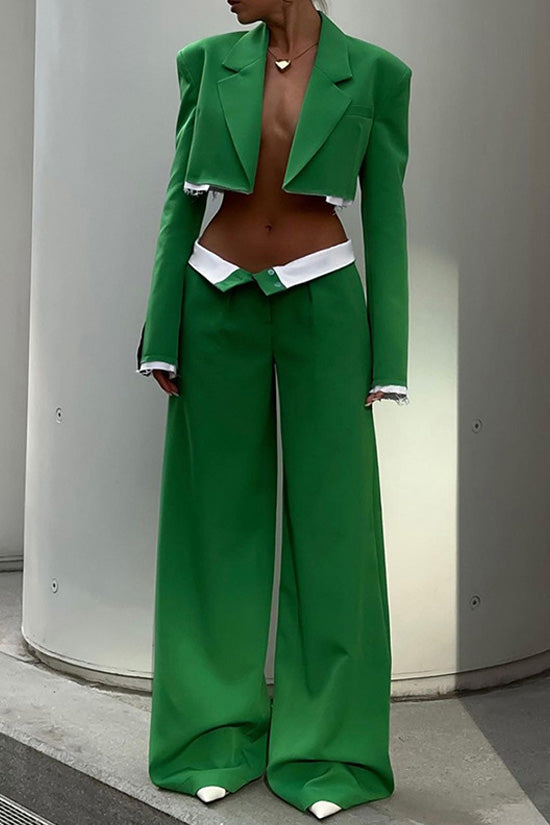 Smart Casual Lapel Crop Blazer Contrast Foldover Waist Two Piece Suit Pants Set - Fashionpara