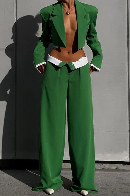 Smart Casual Lapel Crop Blazer Contrast Foldover Waist Two Piece Suit Pants Set - Fashionpara