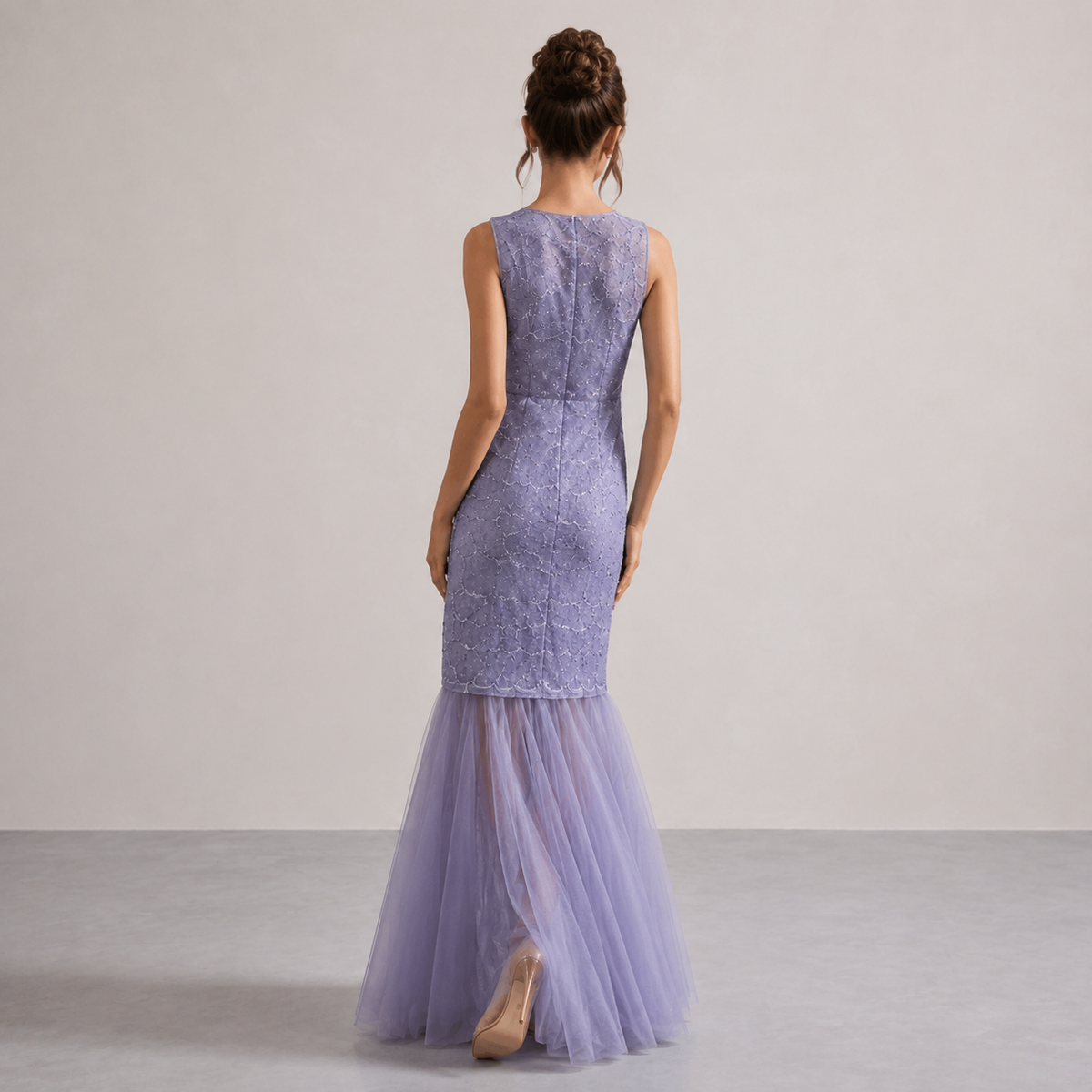 Crew Neck Sleeveless Lace Overlay Sheer Tulle Maxi Dress 9