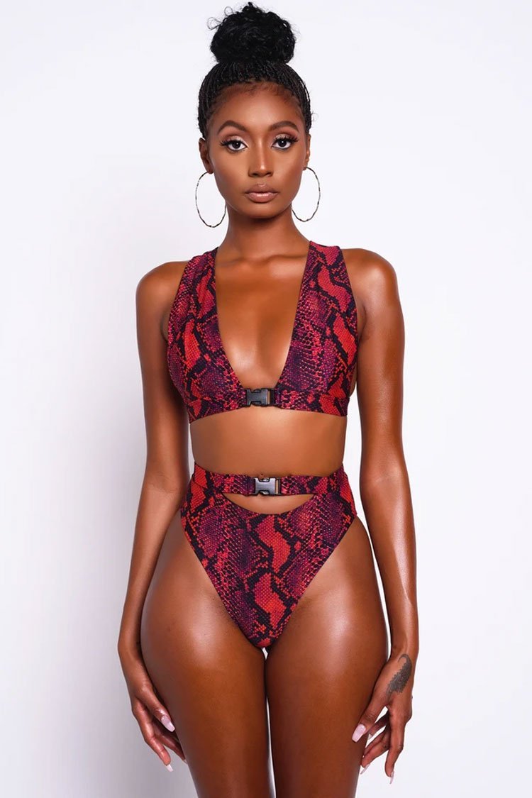 Snake High Waist Plunged Neck Thong Bikini Swimsuit - Two Piece Set