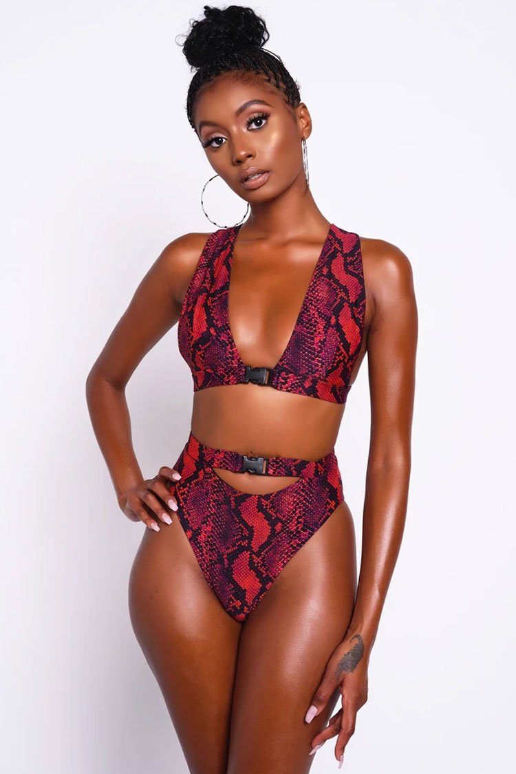 Snake High Waist Plunged Neck Thong Bikini Swimsuit - Two Piece Set