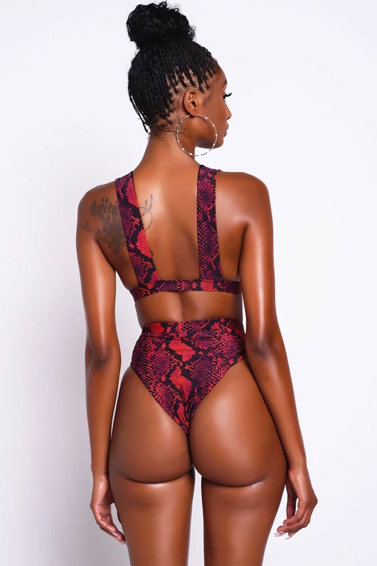 Snake High Waist Plunged Neck Thong Bikini Swimsuit - Two Piece Set