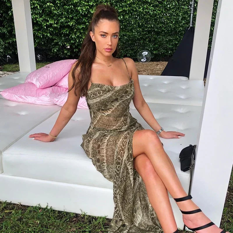 Snake Print Cowl Neck Spaghetti Strap High Split Sheer Maxi Dress