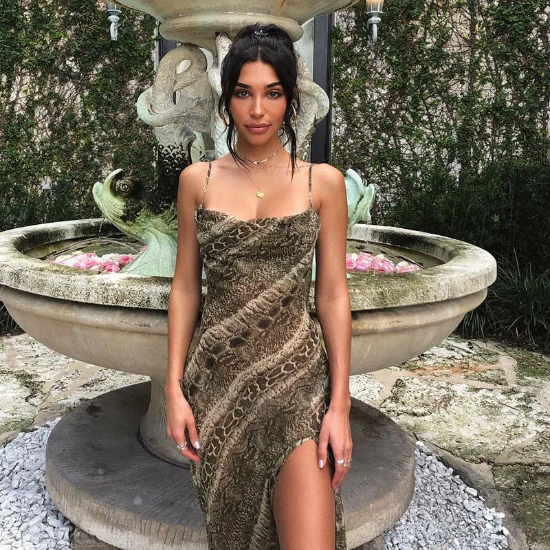Snake Print Cowl Neck Spaghetti Strap High Split Sheer Maxi Dress - View 2