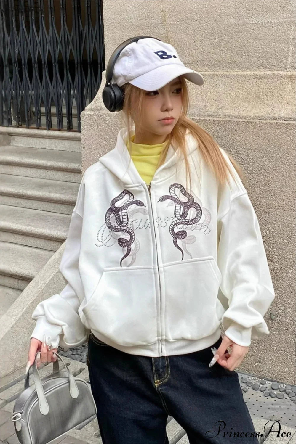 Snake Print Rhinestone Zip Up Cropped Hoodie