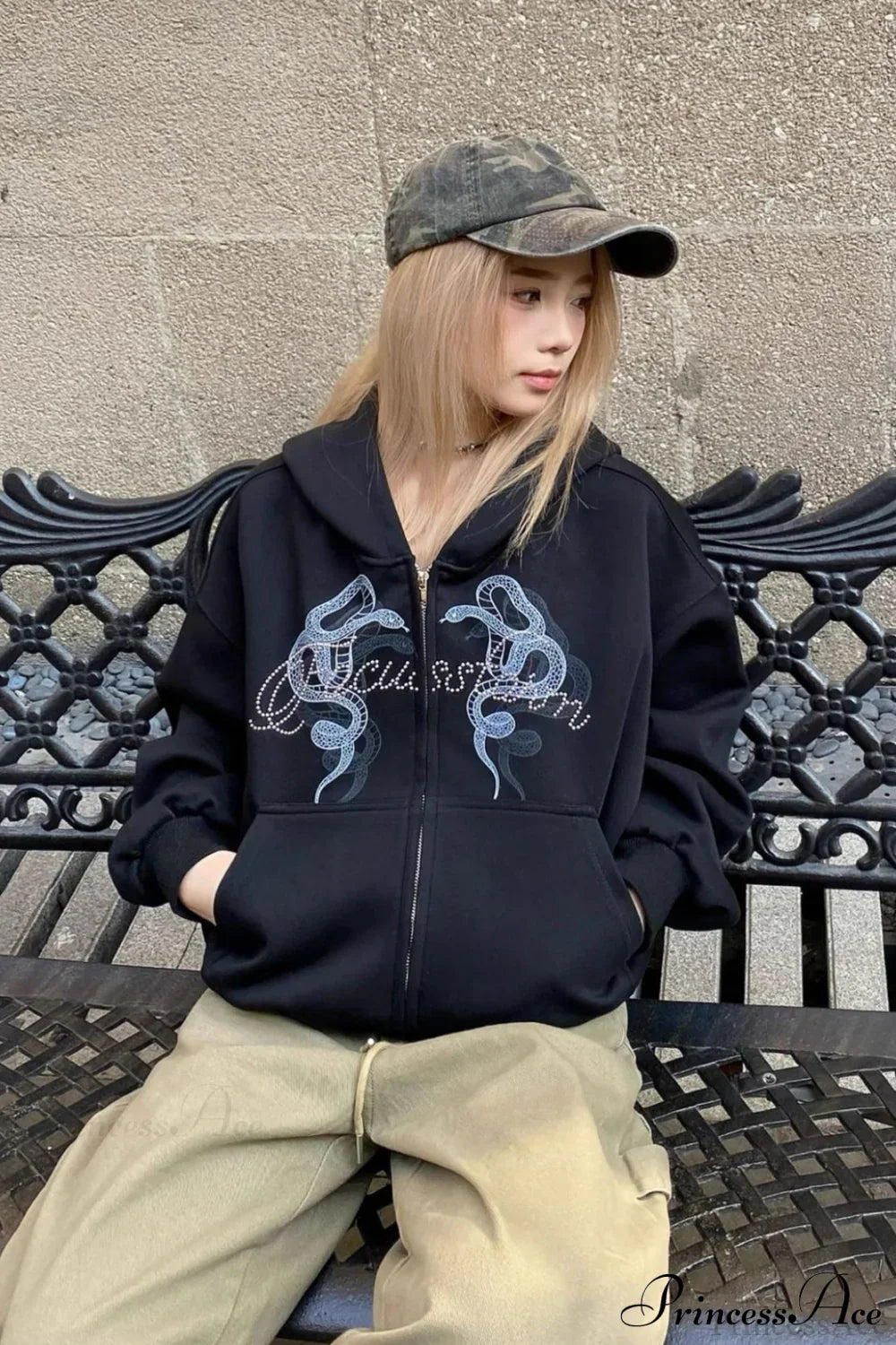 Snake Print Rhinestone Zip Up Cropped Hoodie