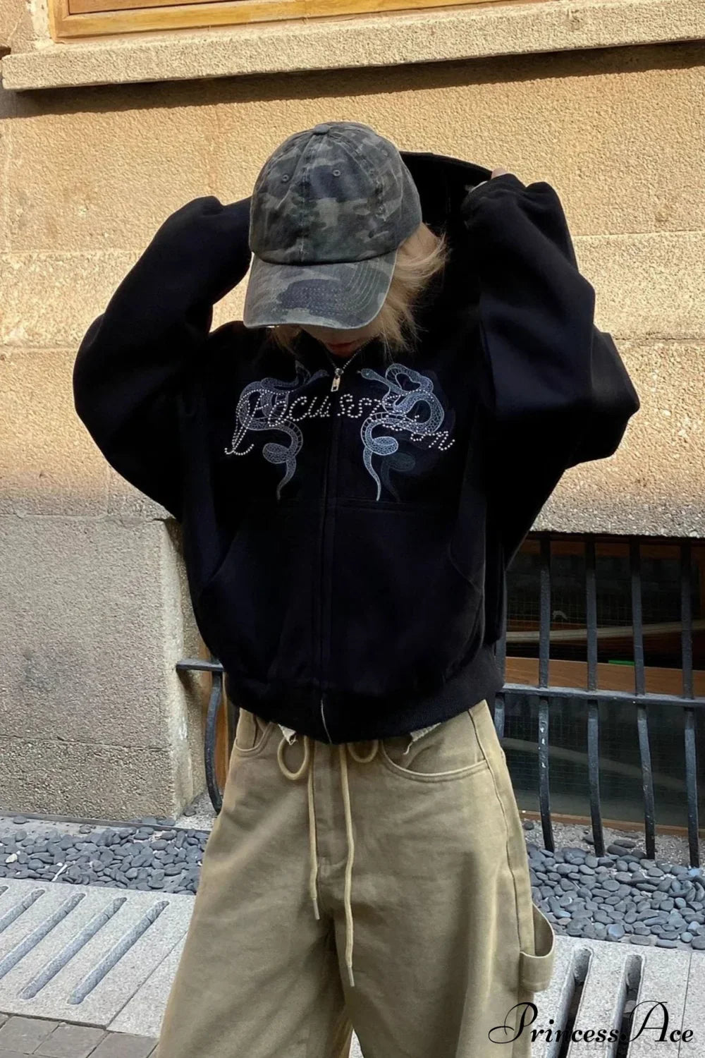 Snake Print Rhinestone Zip Up Cropped Hoodie Black / M