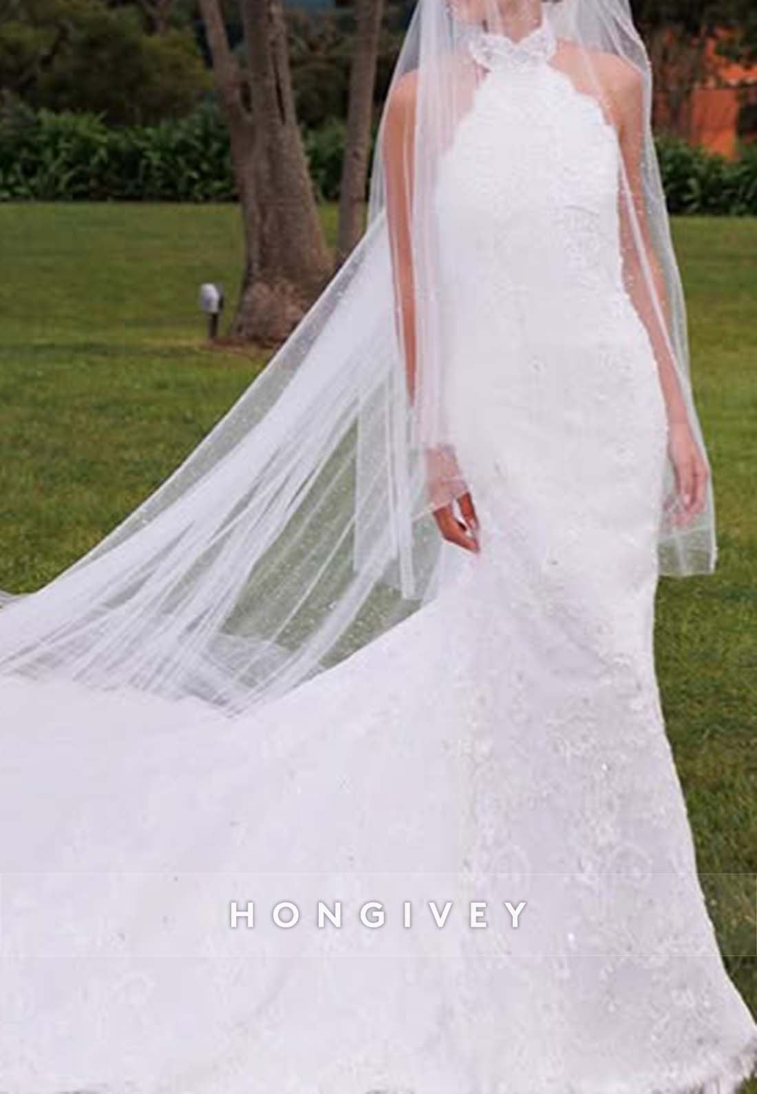 Halter Trumpet Chapel Train Lace Pleated Sleeveless Wedding Dresses