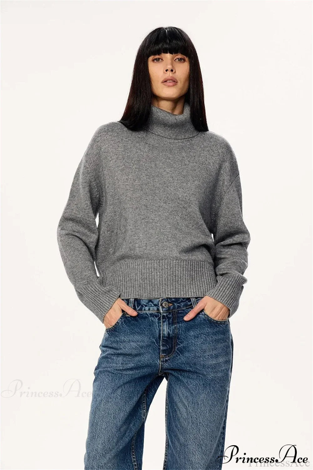 Soft Lazy-Style Turtleneck Short Pullover Sweater Grey / M
