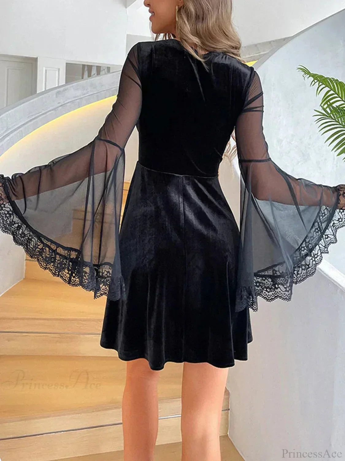 Velvet Sweetheart Lace Trim Ruched Mesh Bell Sleeve A-Line Mini Dress - View 2
