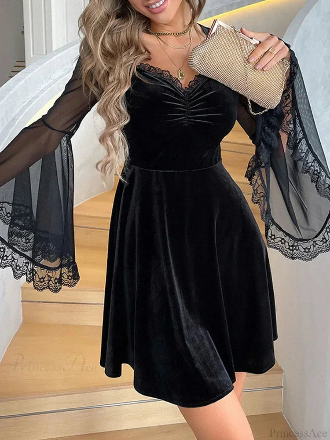 Velvet Sweetheart Lace Trim Ruched Mesh Bell Sleeve A-Line Mini Dress - View 4