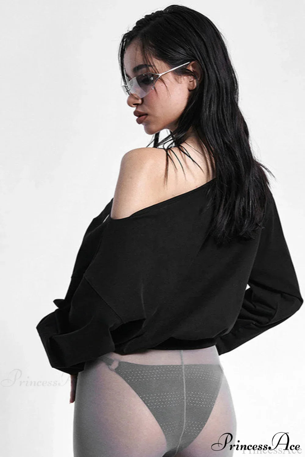 Solid Color Asymmetric Shoulder Cutout Long Sleeve Blouse