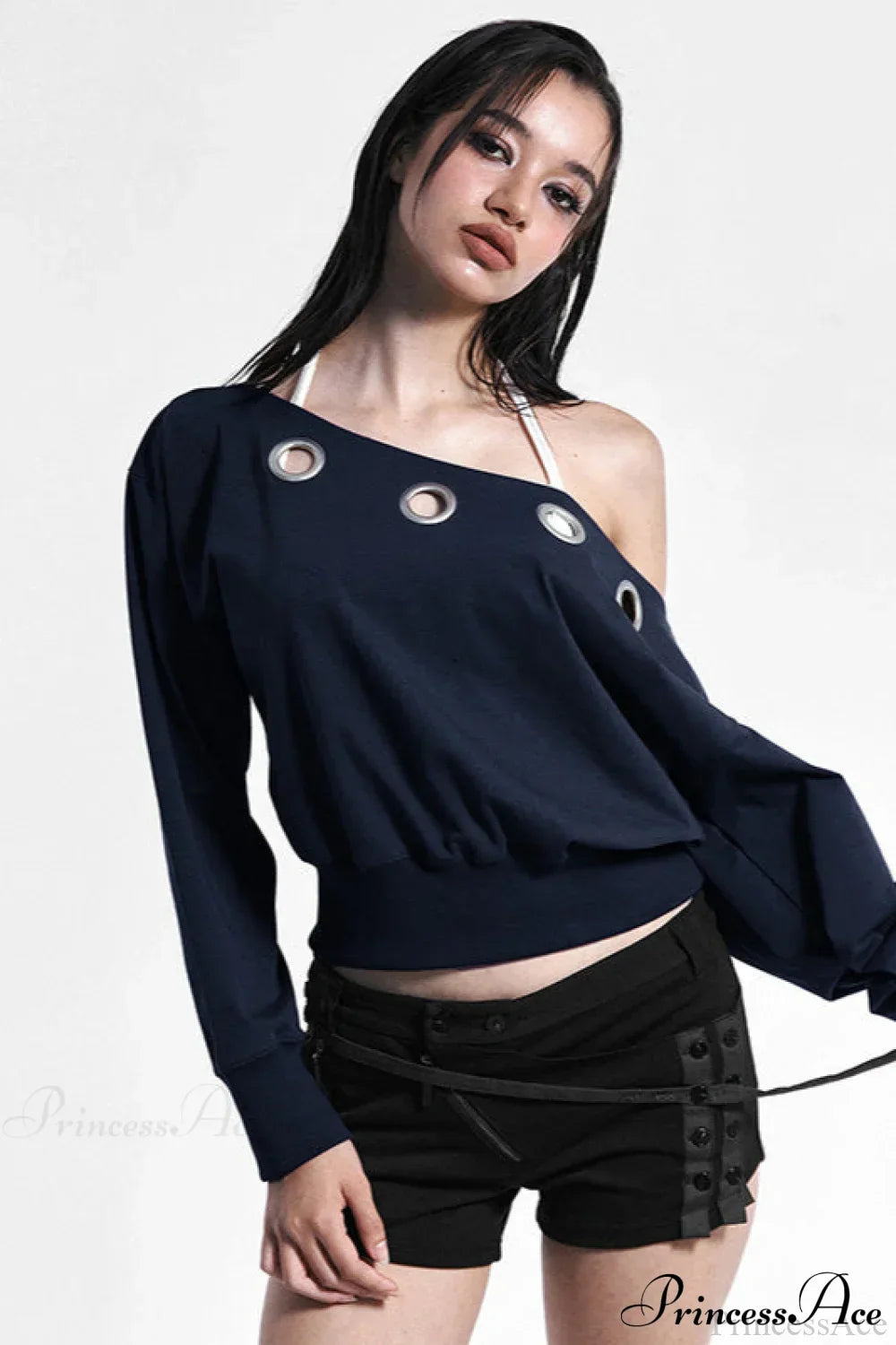 Solid Color Asymmetric Shoulder Cutout Long Sleeve Blouse