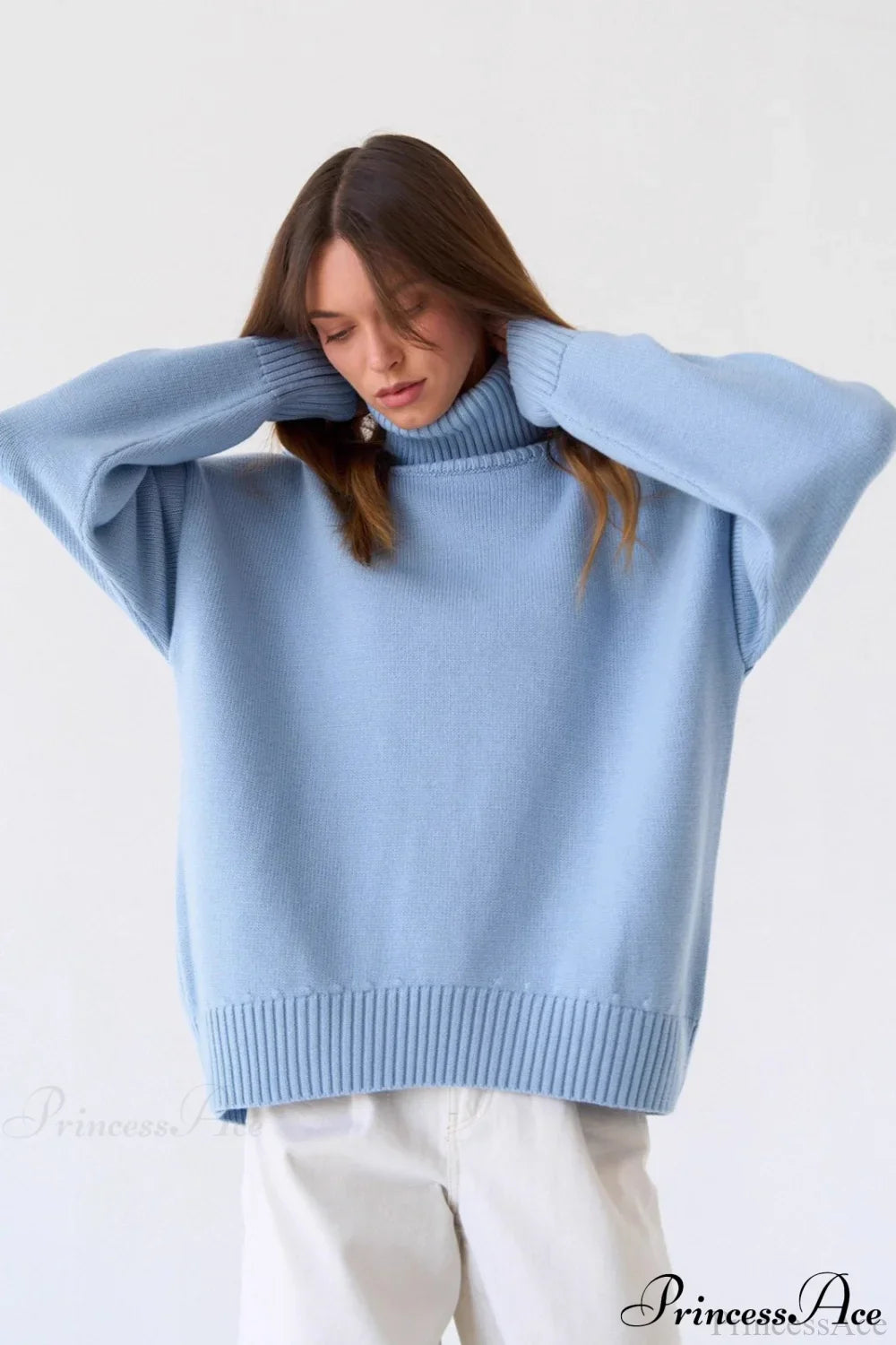 Solid Color High-Neck Loose Knit Sweater Blue / S