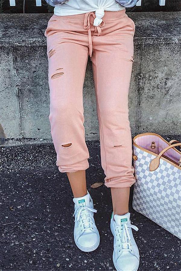 Solid Color Ripped Elastic Waist Pants