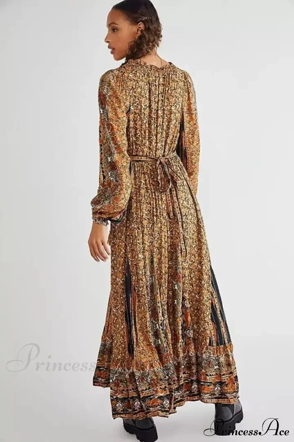 Solid Color V-neck Flare Sleeve Summer Boho Dress Brown / S bohodress-250126