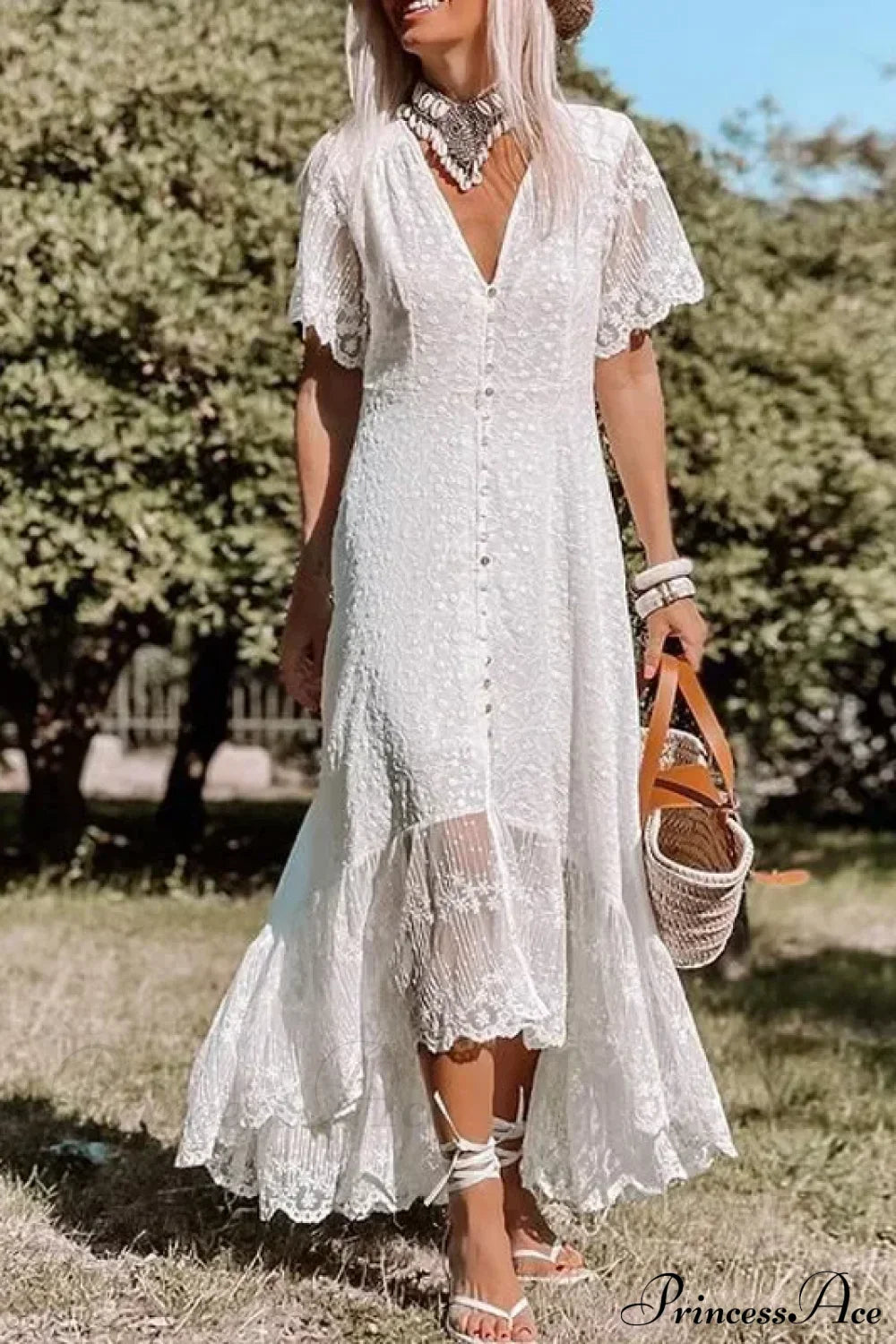 Solid Floral Short Sleeve Boho Dress White / S bohodress-250126