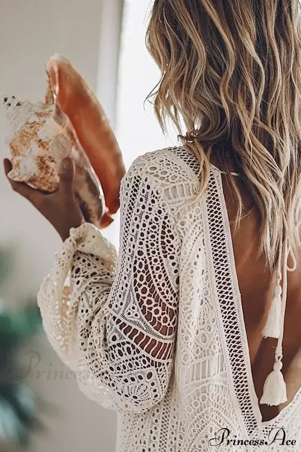 Solid Full Sleeve Hollow Out Sexy V-neck Mini Boho Dress