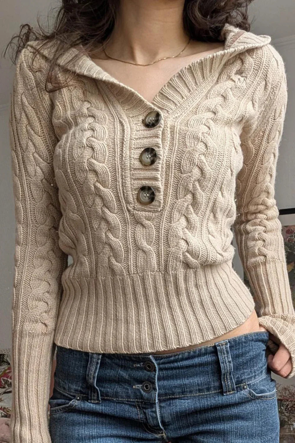 Solid Hooded Button Cropped Slim Sweater 3