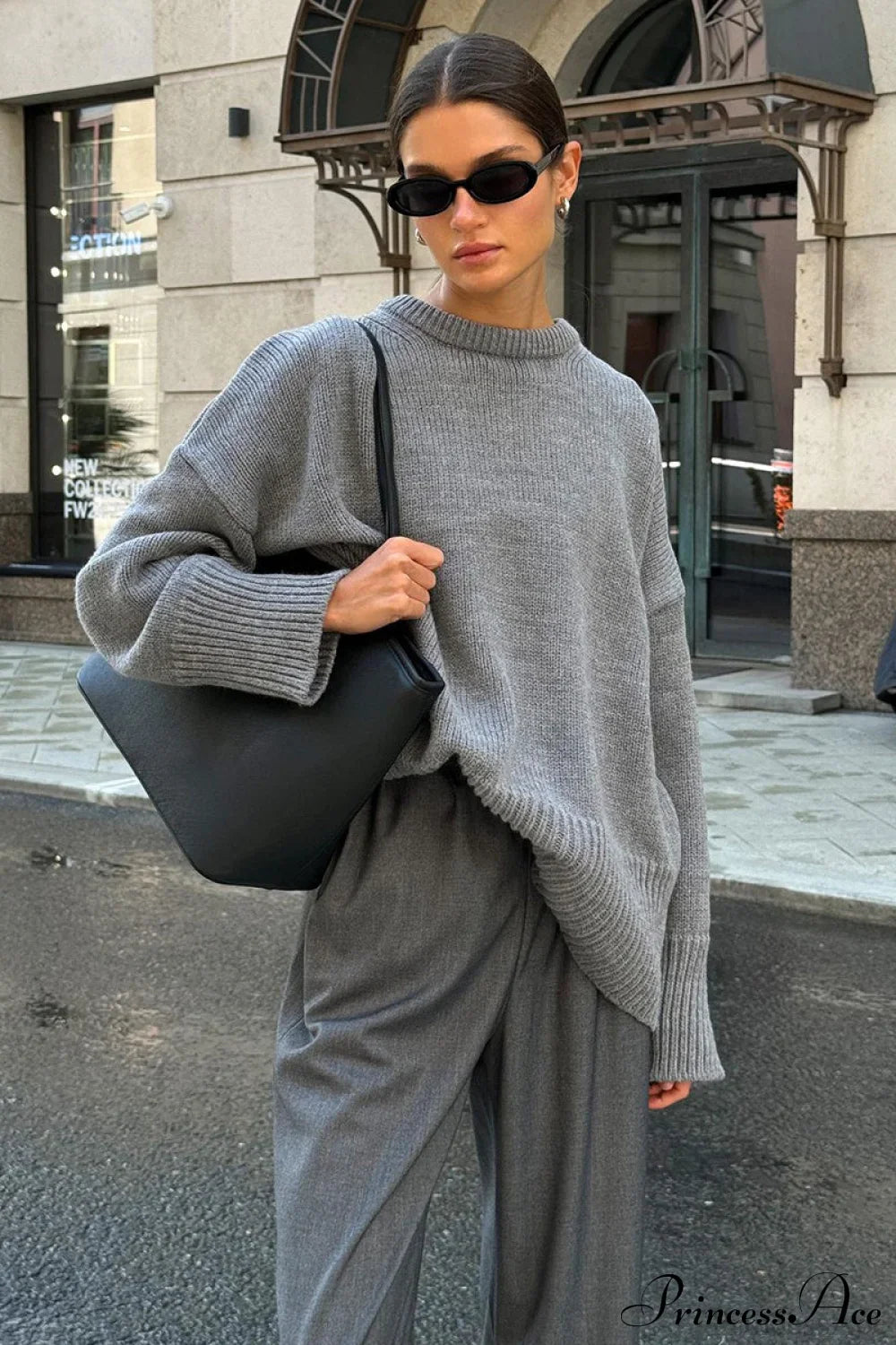 Solid Knit Crew Neck Sweater Grey / S