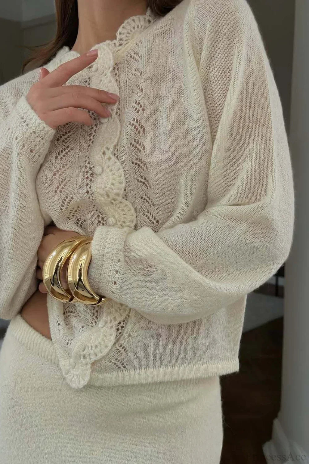 Solid Lace Cutout Knit Crew Neck Cardigan 3