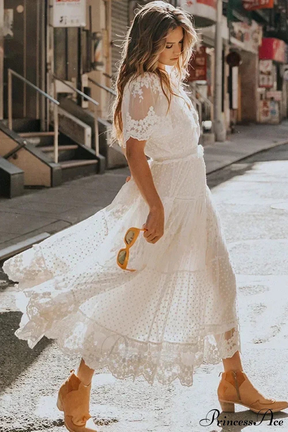 Solid Lace Short Sleeve V-neck Maxi Boho Dress