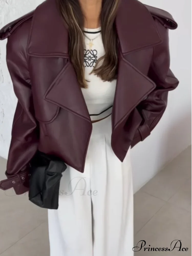 Solid Lapel Leather Cropped Coat