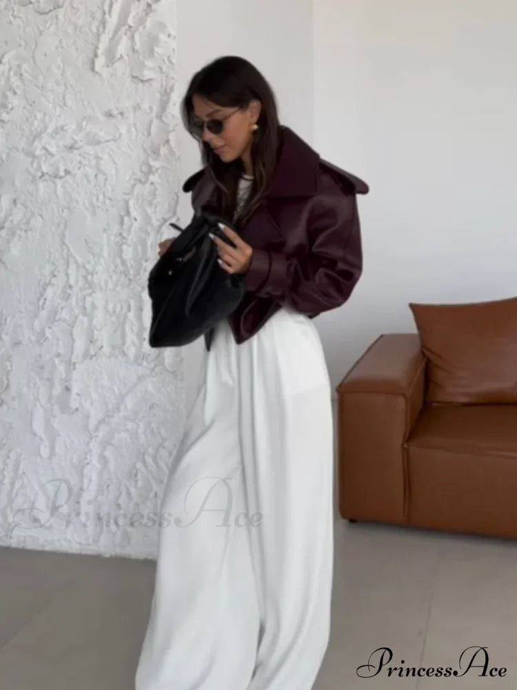Solid Lapel Leather Cropped Coat