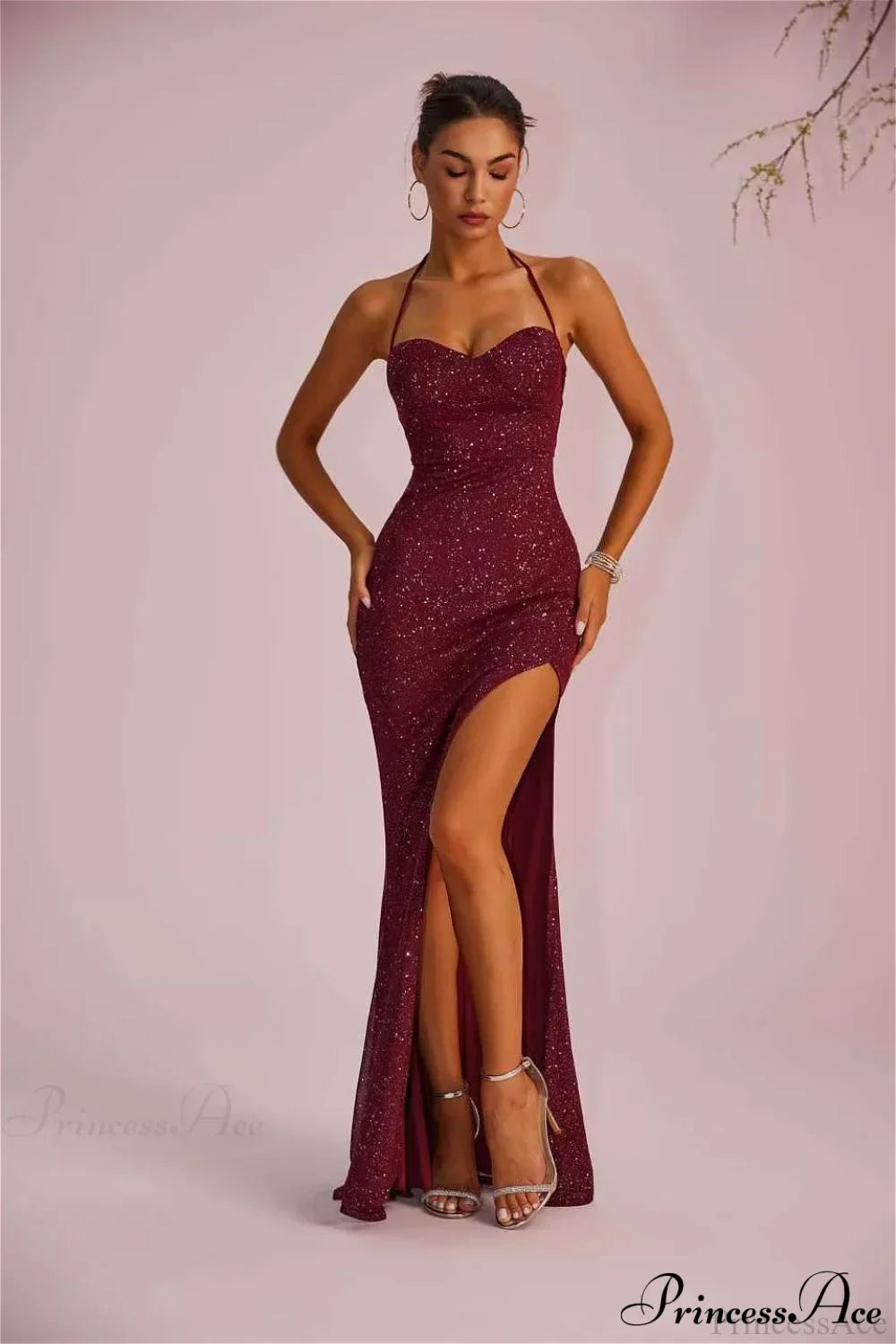 Sequin Halter Neck High Slit Mermaid Gown 2