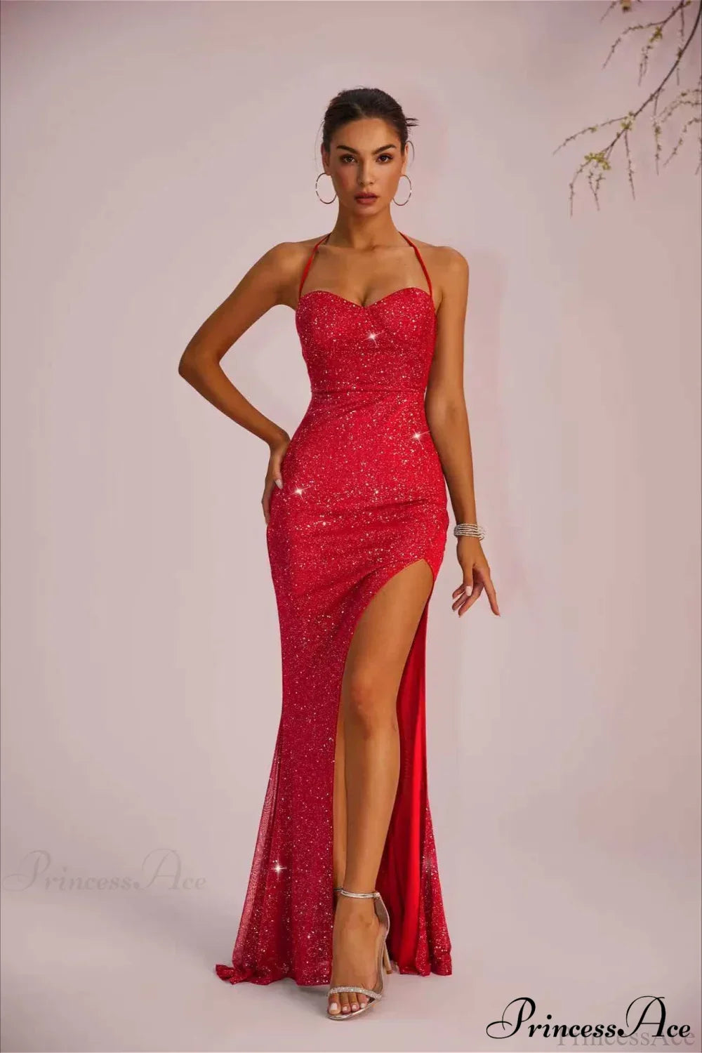 Sequin Halter Neck High Slit Mermaid Gown 4