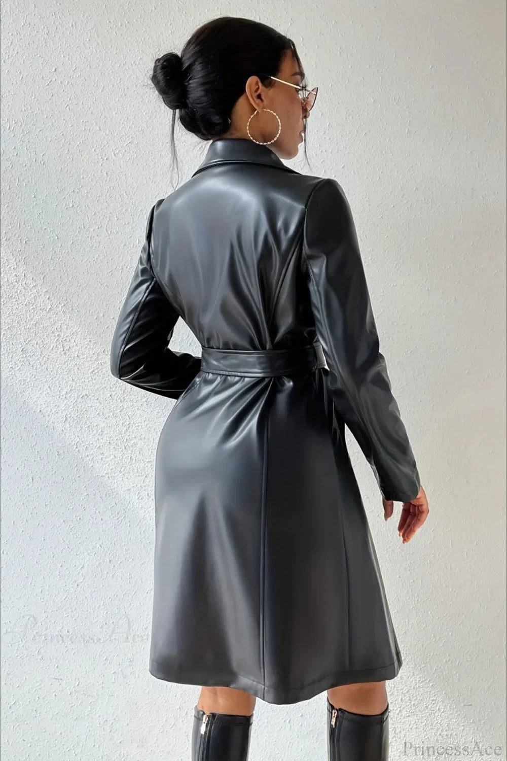 Solid PU Leather Slim-Fit Overcoat