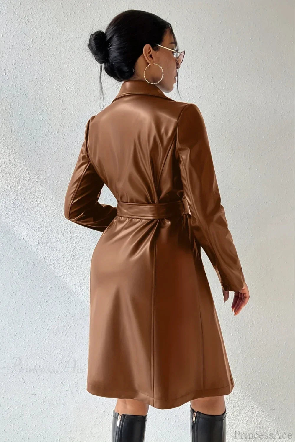 Solid PU Leather Slim-Fit Overcoat