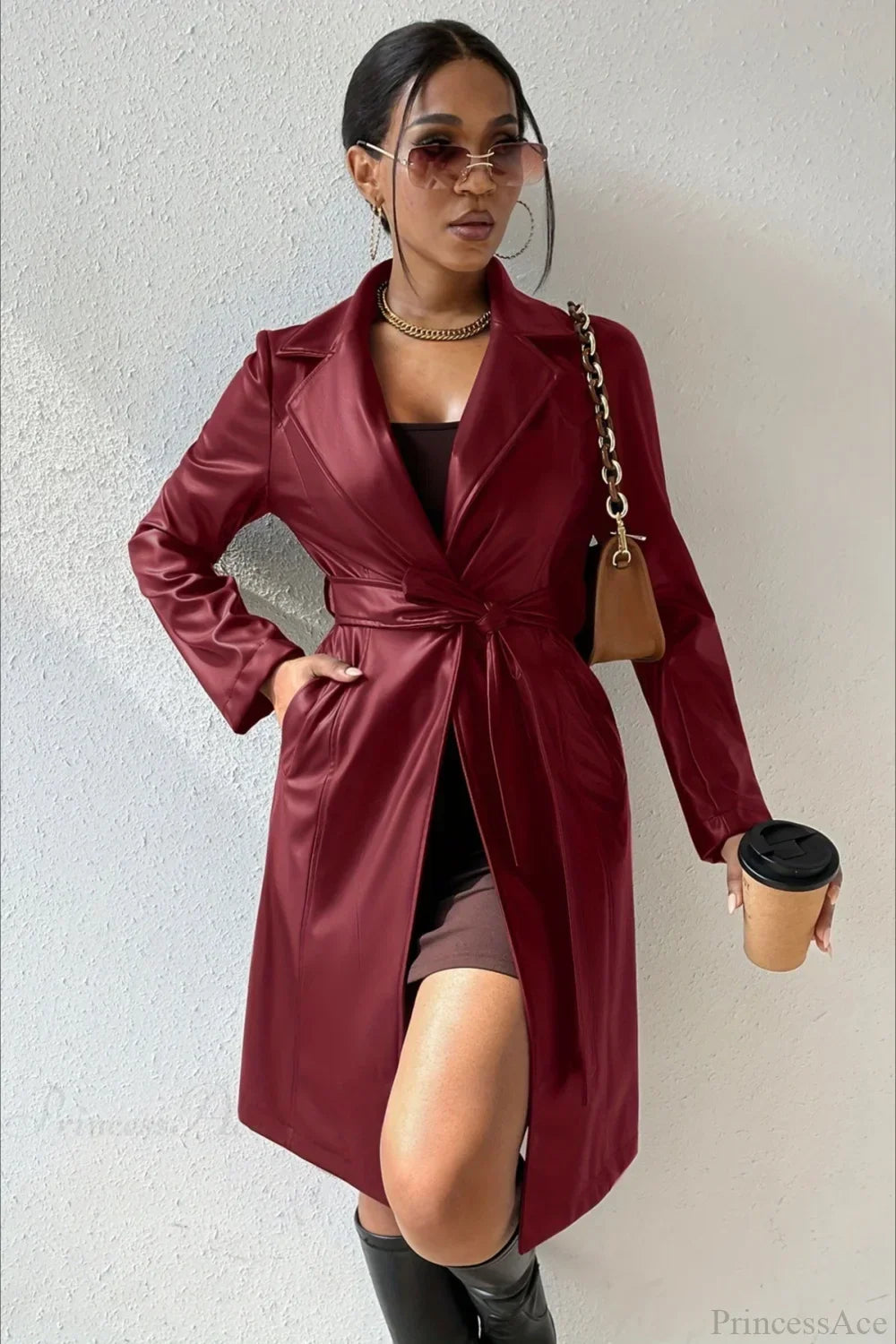 Solid PU Leather Slim-Fit Overcoat