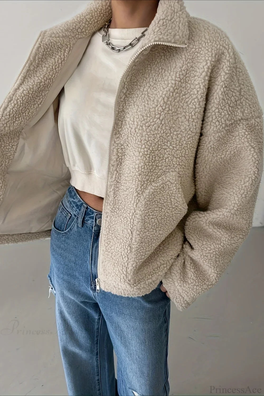 Solid Relaxed Shearling High Neck Jacket