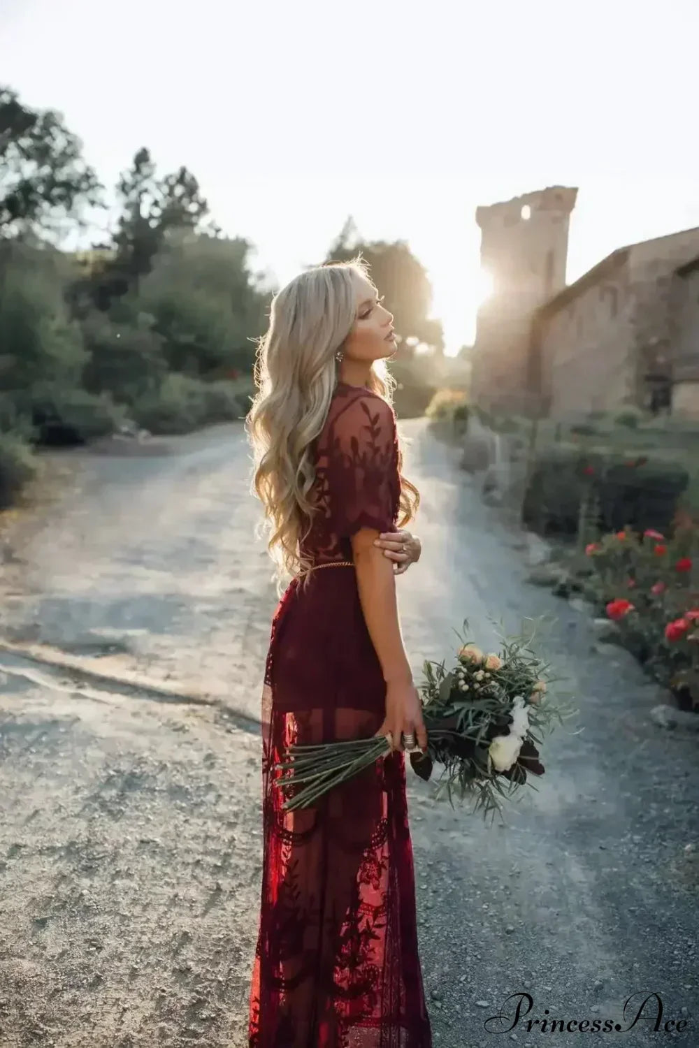 Solid Short Sleeve Lace V-neck Loose Maxi Boho Dress